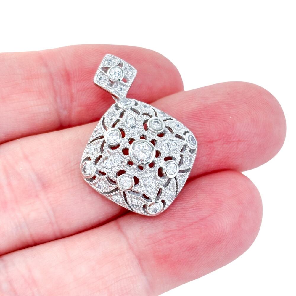 Vintage Sterling Silver 925 Filigree Cubic Zirconia Pendant